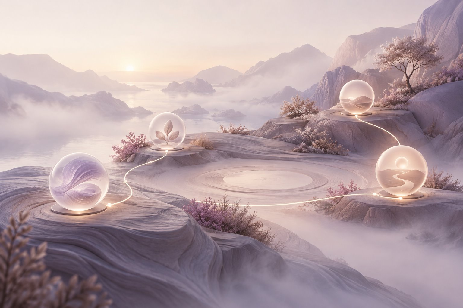 Paisagem abstrata da NOVAYA com quatro pontos conectados por um caminho de luz